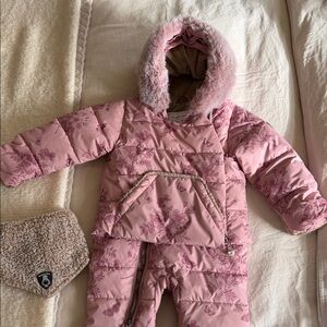 Deux Par Deux Vintage Flower Print Pink Rose Floral Snowsuit with Hood 18m